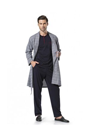 Erkek Lacivert Çeyizlik Saten Robdöşambr Pijama Takımı 5540