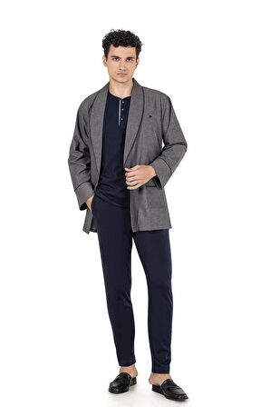 Lacivert Robdöşambır Ve Penye Uzunkollu Pijama Damat Çeyiz Seti