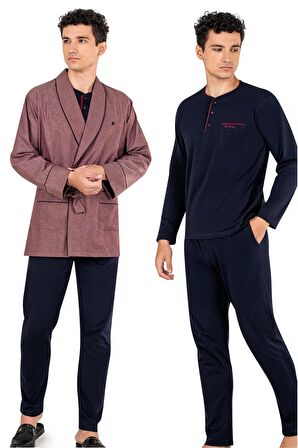 Robdöşambır Ve Lacivert Penye Uzunkollu Pijama Damat Çeyiz Seti