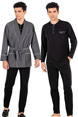 Siyah Robdöşambır Ve Penye Uzunkollu Pijama Damat Çeyiz Seti