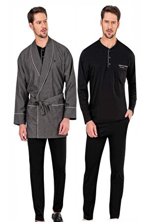 Robdöşambır Ve Siyah Penye Uzunkollu Pijama Damat Çeyiz Seti