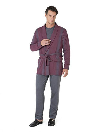 3'lü Çizgili Robdöşambır Penye Pijama Takım Kutulu Damat Çeyiz Seti