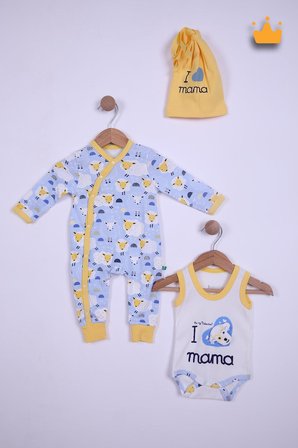 Bebek Çıtçıtlı Badi Tulum Bere 3'lü Takım %100 Pamuk Annemi Seviyorum Yazılı 587-8