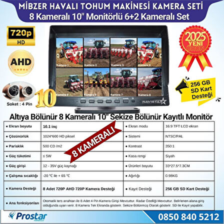 Mibzer için 8 Kameralı 10 inç Sekize Bölen Monitör 2 Büyük Kameralı Kayıtlı 256 Gb Sd Kart Destekli