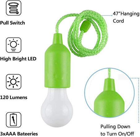 YEŞİL RENK PİLLİ İP ASKILI BEYAZ IŞIK LED LAMBA