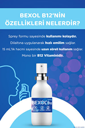 BEXOL B12 Dilaltı Sprey, 15 ml B12 Vitamini Içeren Takviye Edici Gıda 8699546650088