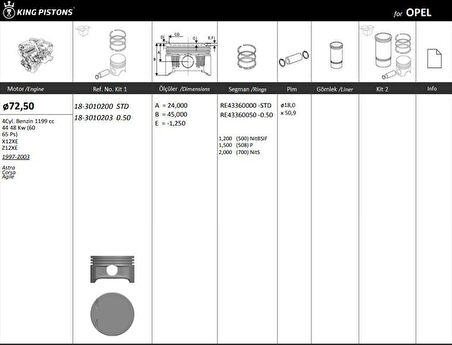 Opel Motor Piston+segmanı ( Riken )  72,50+0,50mm Cap Astra Corsa Agıle X12xe-Z12xe 4sil. Benzinli 1199 C - Kingpiston 18-3010203