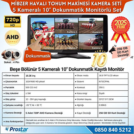 Mibzer için 5 Kameralı 10.36 inç Dokunmatik Monitör Beşe Bölen Kayıtlı 256 Gb Sd Kart Destekli