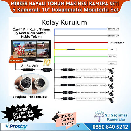 Mibzer için 5 Kameralı 10.36 inç Dokunmatik Monitör Beşe Bölen Kayıtlı 256 Gb Sd Kart Destekli