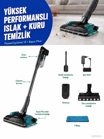 25,2 V Güçlü Bataryalı Kuru Süpürme ve Islak Silme Özellikli Dikey Süpürge, 80 Dakika Kullanım