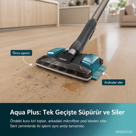 25,2 V Güçlü Bataryalı Kuru Süpürme ve Islak Silme Özellikli Dikey Süpürge, 80 Dakika Kullanım