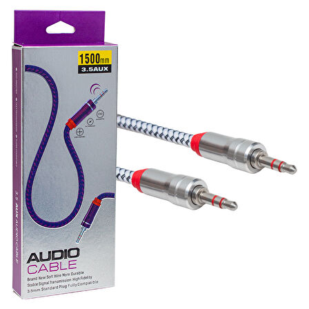 Powermaster Metal Başlıklı 3.5 mm Jack Girişli Örgülü 1.5 Metre Stereo Aux Ses Kablosu Kablo