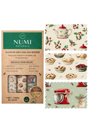 Numi Naturals Balmumu Gıda Saklama Bezleri – Premium 3’Lü Set (30×30 Cm) - Cozy Kitchen Serisi