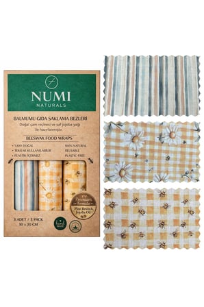 Numi Naturals Balmumu Gıda Saklama Bezleri – Premium 3’Lü Set (30×30 Cm) - Wildflower Honey Collection