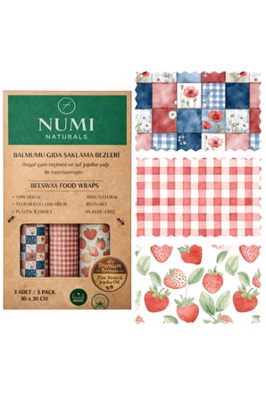 Numi Naturals Balmumu Gıda Saklama Bezleri – Premium 3’Lü Set (30×30 Cm) - Strawberry Cottage Serisi