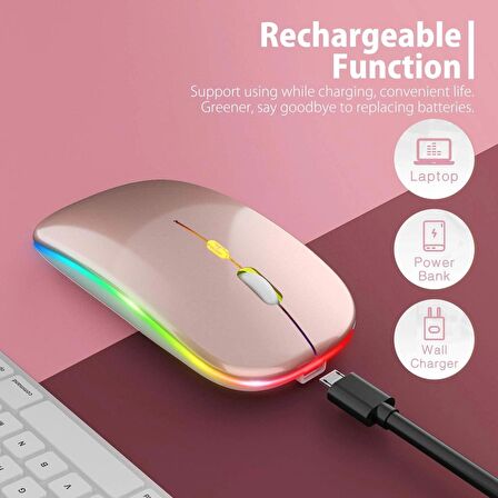 Rose Gold RGB Şarjlı Kablosuz 1600DPI Işıklı Kablosuz Mouse Bwm6