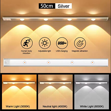 BEYAZ RENK 4 LED 50 CM HAREKET SENSÖRLÜ LED IŞIK TEZGAH ALTI OFİS EV LED LAMBA