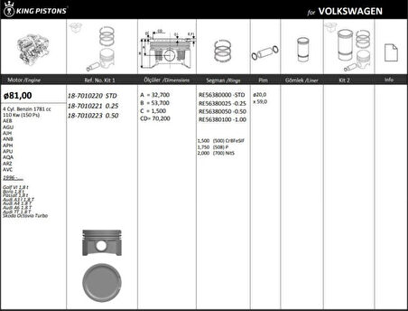 Vag Piston+segman (81,01mm Std) Golf IV Bora A3 A4 A6 Tt Alhambra Cordoba İbiza III Leon Toledo II Octav - Kingpiston 18-7010220