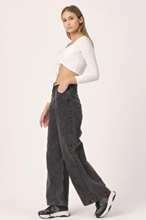 Kadın Füme Renk Wide Leg Kalıp Bol Paça Jean