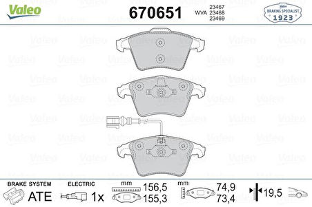 Vag On Fren Balatası Transporter T5 T6 T7 16 Jant (fisli) 03>19 - Valeo 670651