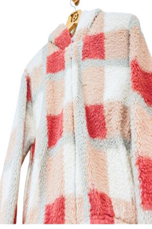 Kız Çocuk Kapüşonlu Ekose Desenli Pelüş Hırka – Fermuarlı, Cepli, Yumuşak Doku