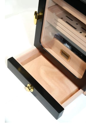 PremiumQuality Las Condes Aksesuar Çekmeceli İçi Ledli Siyah Sedir Humidor Puro Kutusu - TR9827