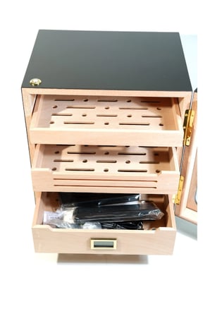 PremiumQuality Las Condes Aksesuar Çekmeceli İçi Ledli Siyah Sedir Humidor Puro Kutusu - TR9827