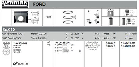 Ford Motor Piston Segman (86,01mm) / (std) Transıt V184 / V185 125ps Mondeo 115ps / 130ps 2,0tdci Durator - Yenmak 36-03459-000