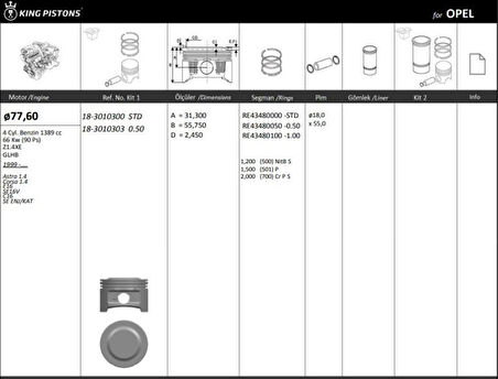 Opel Motor Piston+segmanı ( Riken )  77,60+stdmm Cap Astra 1.4 Corsa 1.4 E16 Se16v C16 Se Enj/kat Z1.4xe- - Kingpiston 18-3010300
