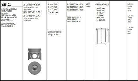 Ford Motor Piston+segmanı ( Riken )  86,01+stdmm Cap Turbo-İntercooler Mondeo III 2,0 Tdci Transıt 2,0 Td - Kingpiston 18-2550340