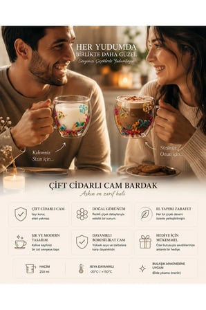 Birlikte İçilen Kahveler İçin | 2'li Çift Cidarlı Cam Kahve Bardağı Çiçek Tasarımlı Borosilikat Kupa Seti