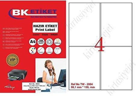 A1 Etiket-2004 Ebat 99.1 x 139 mm Lazer Etiket  A4 Sayfada 4 Etiket