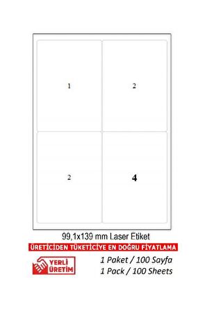 A1-2004 Ebat 99.1 x 139 mm Lazer Etiket A4 Sayfada 4 Etiket 500 A4 Sayfada 2000 Etiket