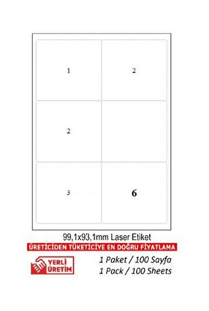 BK-2006 Ebat 99.1 x 93.1 mm Lazer Etiket  A4 Sayfada 6 Etiket