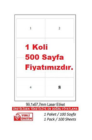 A1-2008 500 A4 Sayfa Ebat 99.1 x 67.7 mm Lazer Etiket  A4 Sayfada 8 Etiket