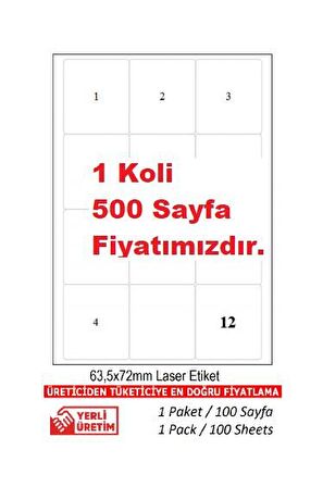 A1-2012 Ebat A4 500 Sayfa 63.5 x 72 mm Lazer Etiket  A4 Sayfada 12 Etiket