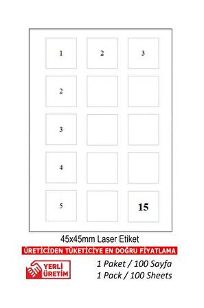 BK-2015 Ebat 45 x 45 mm Lazer Etiket  A4 Sayfada 15 Etiket