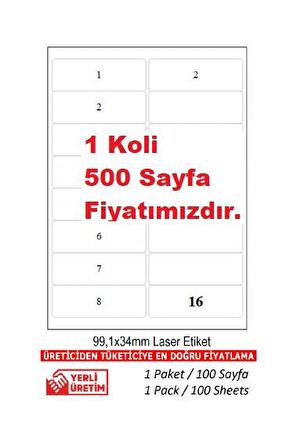 A1-2016 500 A4 Sayfa da 99.1 x 34 mm Lazer Etiket  A4 Sayfada 16 Etiket