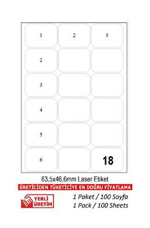 A1-2018 Ebat 63.5 x 46.6 mm Lazer Etiket  A4 Sayfada 18 Etiket