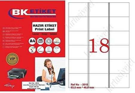 A1-2018 Ebat 63.5 x 46.6 mm Lazer Etiket  A4 Sayfada 18 Etiket