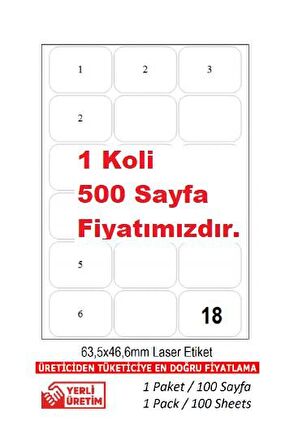 A1-2018 63.5 x 46.6 mm 500 A4 Lazer Etiket 1 A4 Sayfada 18 Etiket 