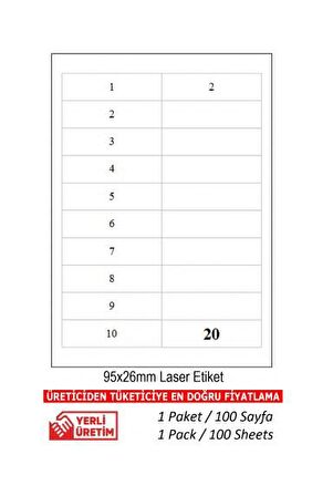 A-2020 500 A4 Sayfa Lazer Etiket  95 x 26 mm A4 Sayfada 20 Etiket