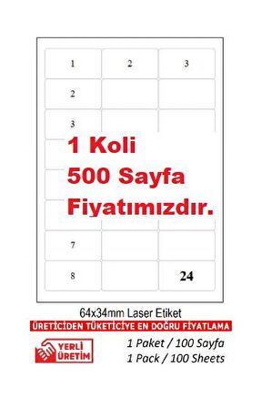 BK-2024 500 A4 Lazer Etiket Ebat 64 x 34 mm 1 A4 Sayfada 24 Etiket