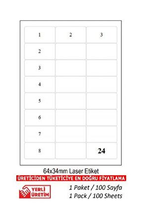 BK-2024 500 A4 Lazer Etiket Ebat 64 x 34 mm 1 A4 Sayfada 24 Etiket