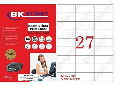 BK-2027 Ebat 70 x 32 mm Lazer Etiket  A4 Sayfada 27 Etiket