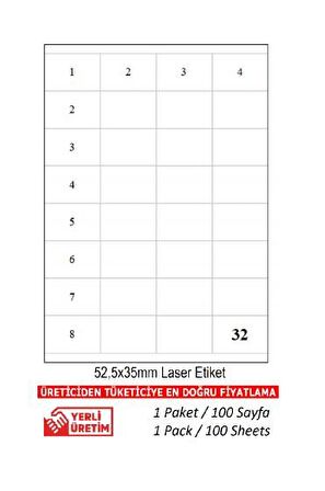 A1-2032 Ebat 52 x 35 mm Lazer Etiket  A4 Sayfada 32 Etiket