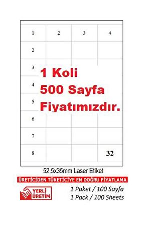 A1-2032 500 A4 Sayfa Lazer Etiket 52 x 35 mm A4 Sayfada 32 Etiket