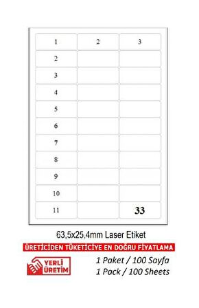 A1-2033 Ebat 63.5 x 25.4 mm Lazer Etiket  A4 Sayfada 33 Etiket