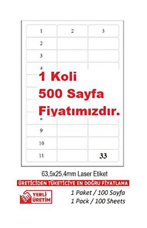 A1-2033 500 A4 Sayfa  Lazer Etiket 63.5 x 25.4 mm A4 Sayfada 33 Etiket