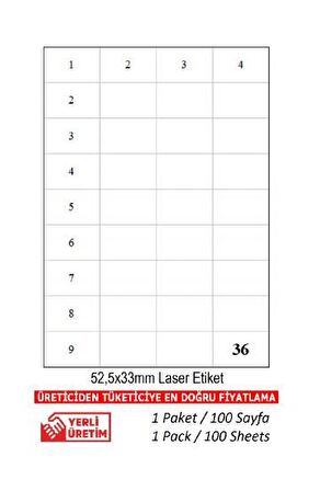 BK-2035 Ebat 52.5 x 33 mm Lazer Etiket  A4 Sayfada 36 Etiket